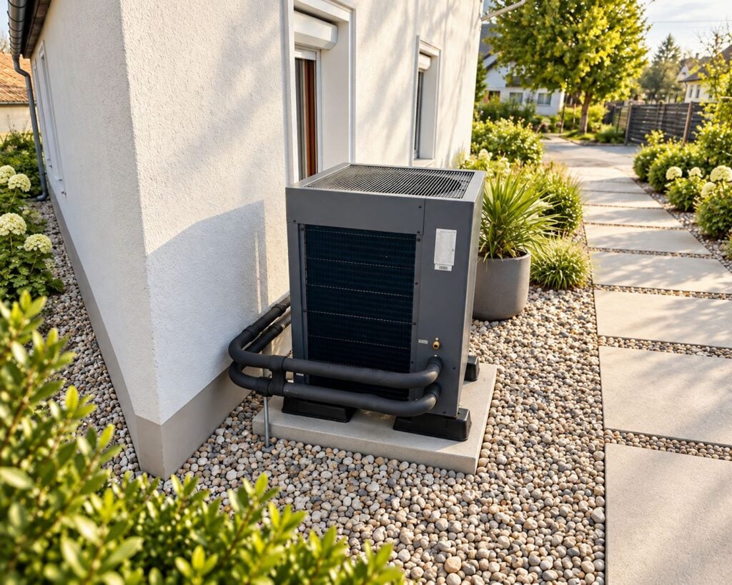 JNOD R290 top blow heat pump outdoor unit installed beside a residential building