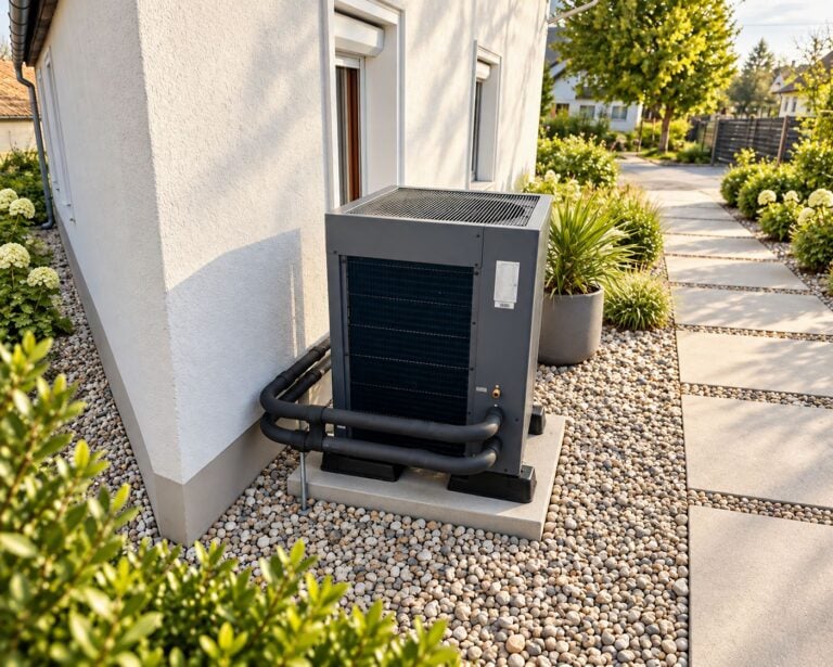 JNOD R290 top blow heat pump outdoor unit installed beside a residential building