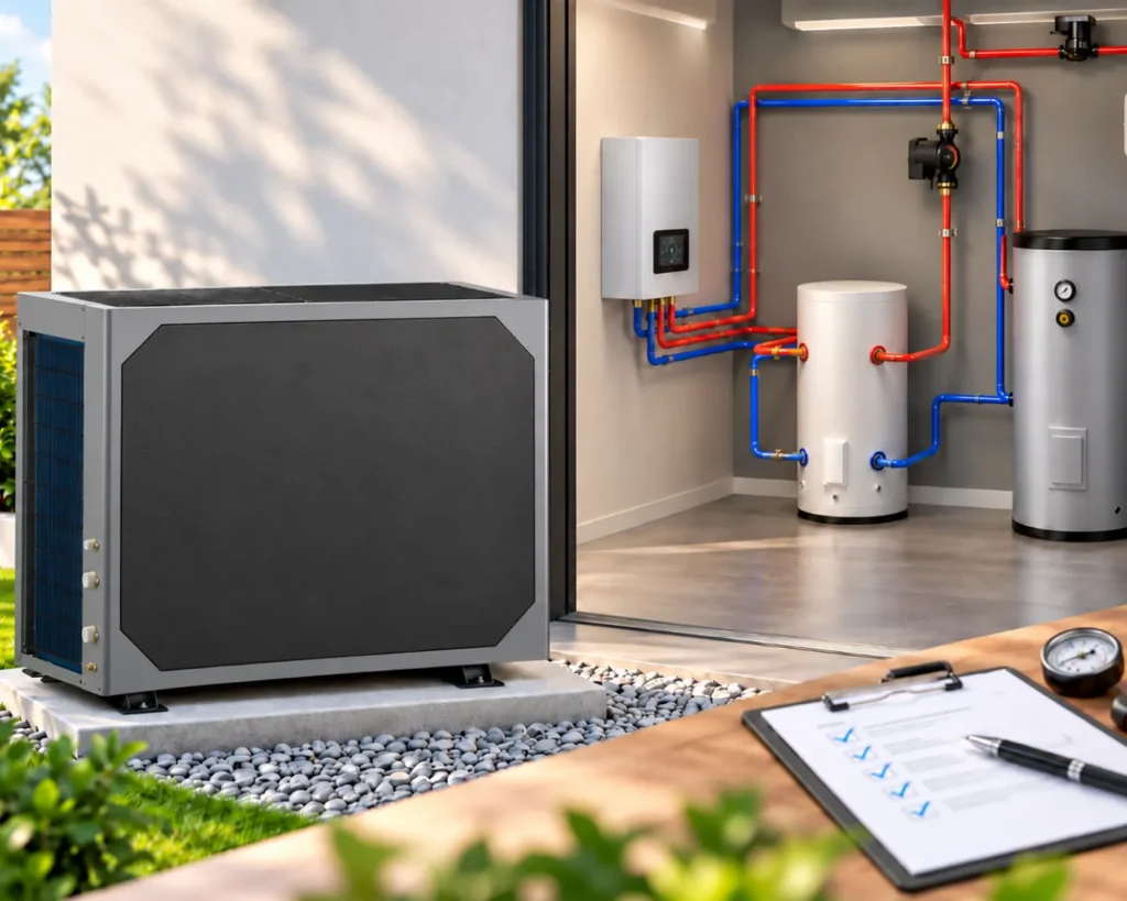 Bomba de calor aire-agua JNOD R290 con sistema hidráulico interior y lista de comprobación para la puesta en marcha